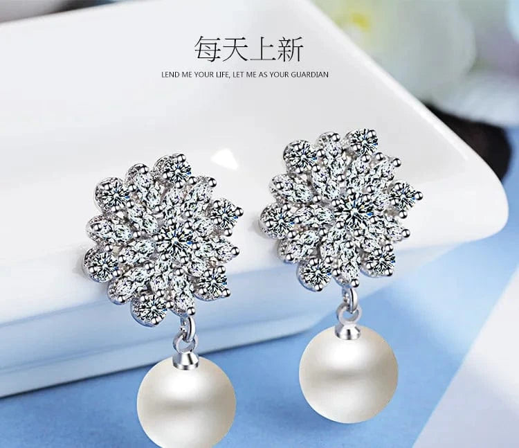 ABS imitation pearl (copper white gold plated) Chic Romantic AAA Cubic Zircon Imitation Pearl Flower Stud Earrings for Women Party Fashion Elegant Bridal Wedding Jewelry