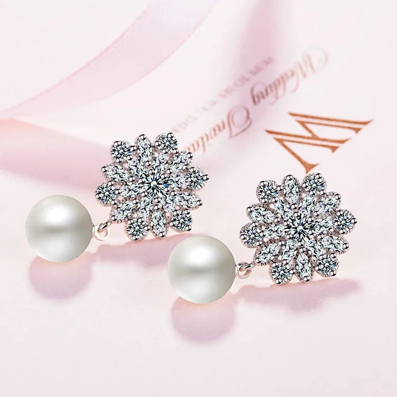 ABS imitation pearl (copper white gold plated) Chic Romantic AAA Cubic Zircon Imitation Pearl Flower Stud Earrings for Women Party Fashion Elegant Bridal Wedding Jewelry