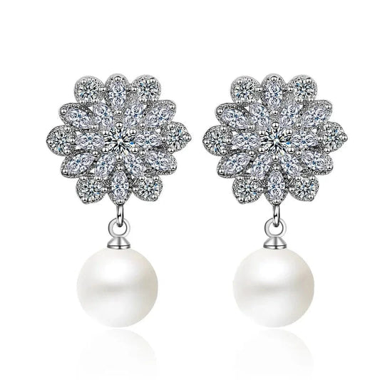 ABS imitation pearl (copper white gold plated) Chic Romantic AAA Cubic Zircon Imitation Pearl Flower Stud Earrings for Women Party Fashion Elegant Bridal Wedding Jewelry