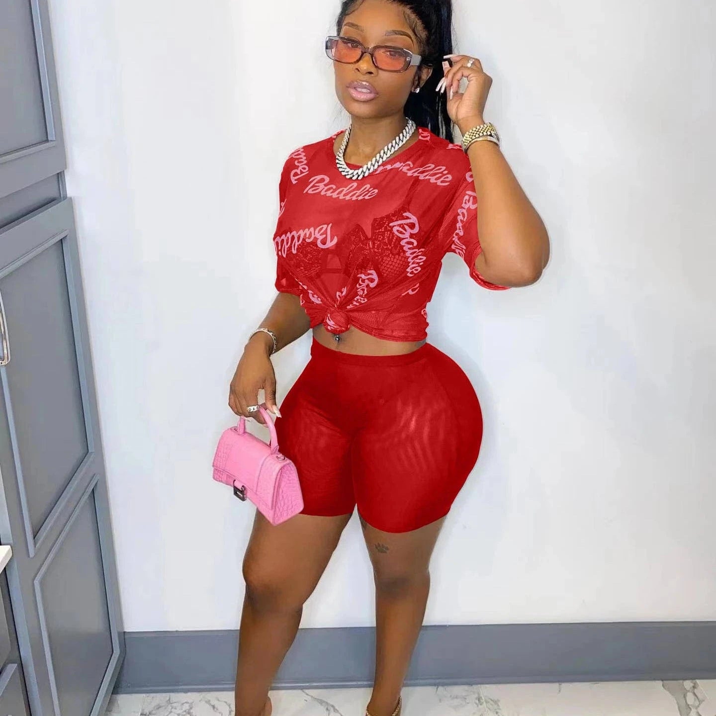 AC8323 Good Quality bodycon See Through Mesh Sexy 2 piece Set Y2K Fashion Pringtings Women Outfits Shorts Women Clothing 2023