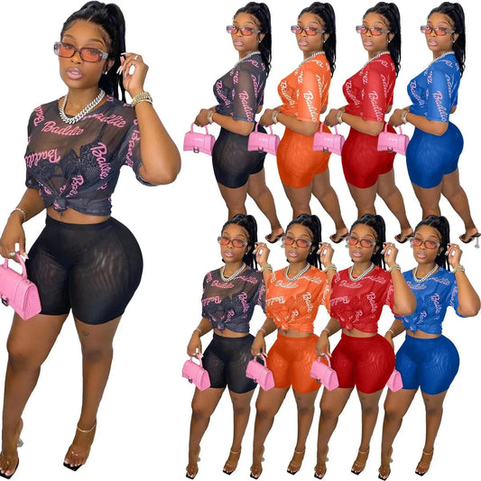 AC8323 Good Quality bodycon See Through Mesh Sexy 2 piece Set Y2K Fashion Pringtings Women Outfits Shorts Women Clothing 2023