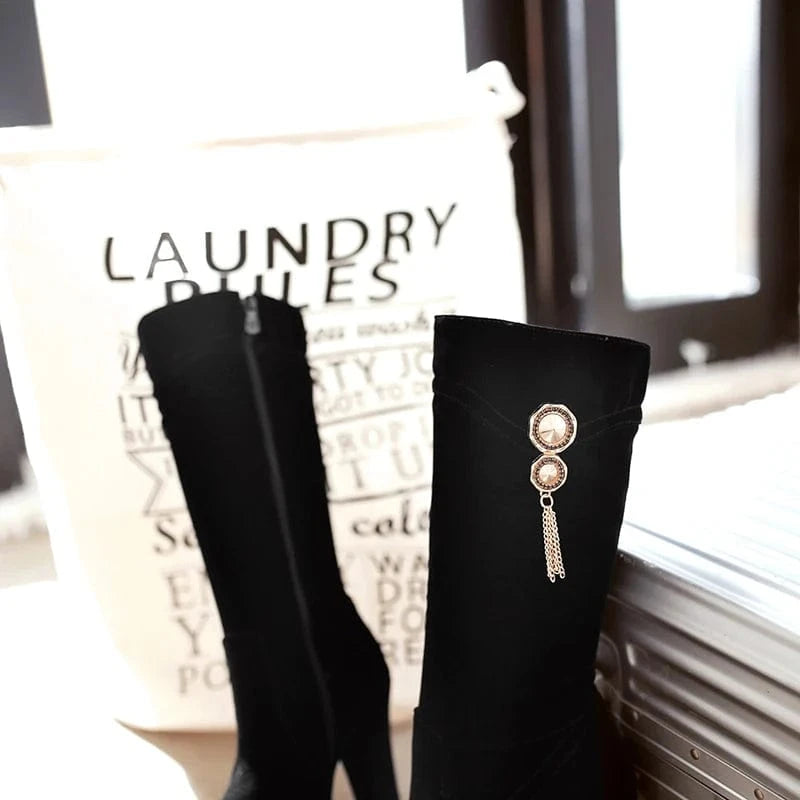 AD 5085-5 High Heel Rivets Pointed High Knee Boots for Ladies Boots Women Shoes High-grade Rhinestone Jewelry