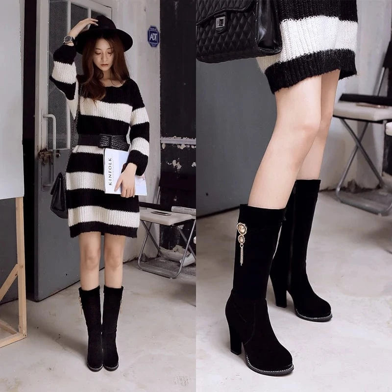 AD 5085-5 High Heel Rivets Pointed High Knee Boots for Ladies Boots Women Shoes High-grade Rhinestone Jewelry