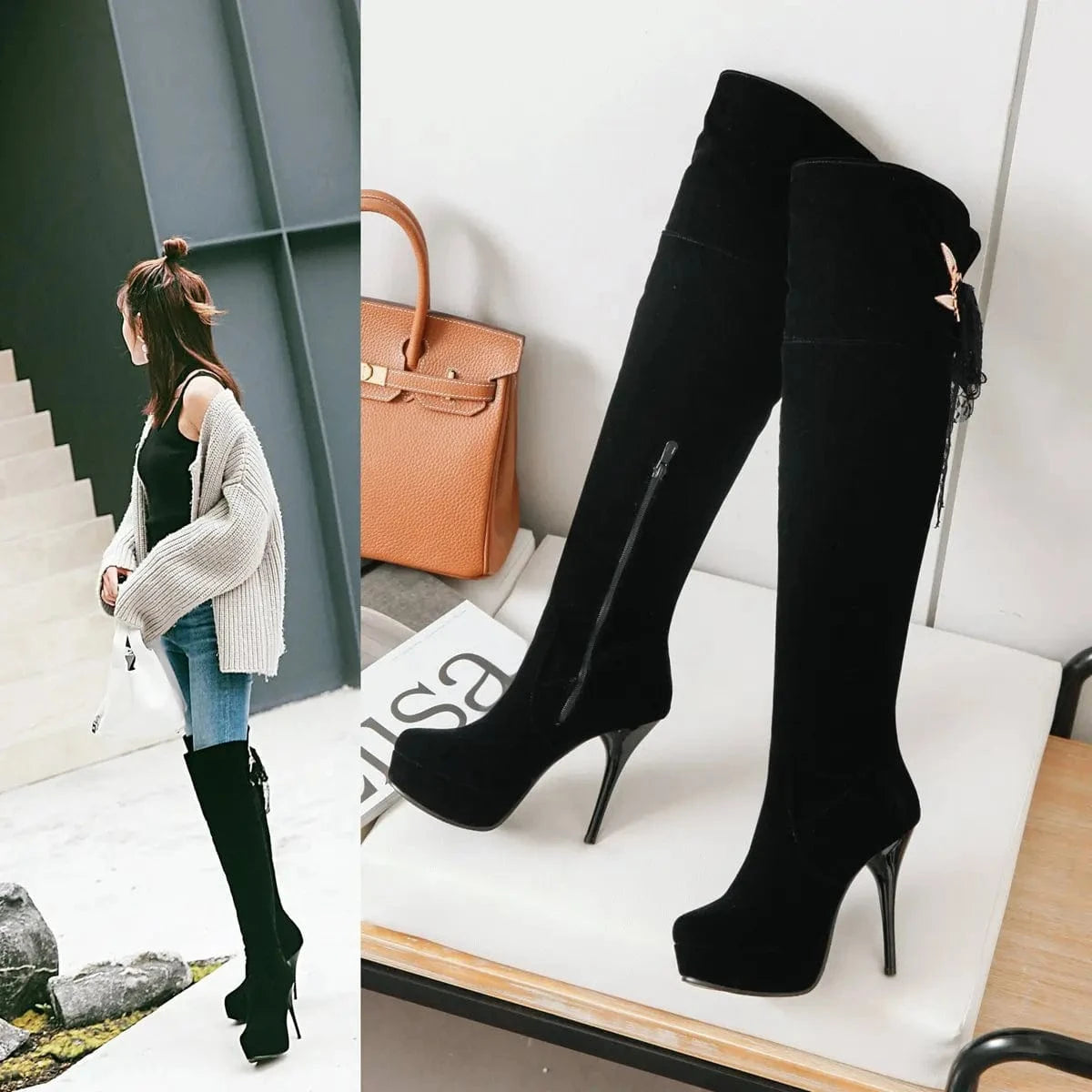 AD 8-10 New Trend Women's Over-the-Knee high Heels Boots Platform Thick Shoes Pointe Toe Boots boots women shoes knee-high o