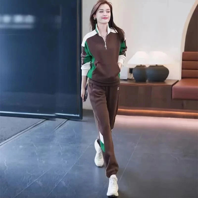 Add fleece thickened stand collar hoodie sports set for women 2024 autumn and winter new fashion loose 2-piece set
