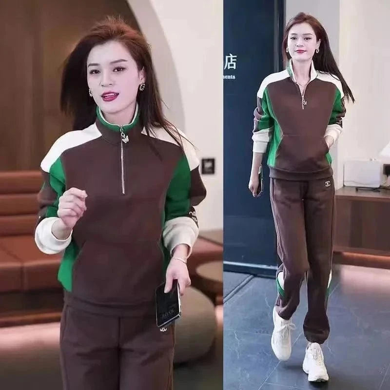 Add fleece thickened stand collar hoodie sports set for women 2024 autumn and winter new fashion loose 2-piece set