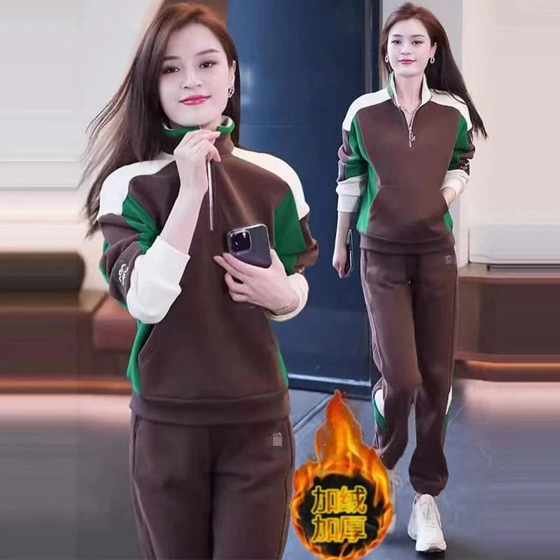 Add fleece thickened stand collar hoodie sports set for women 2024 autumn and winter new fashion loose 2-piece set