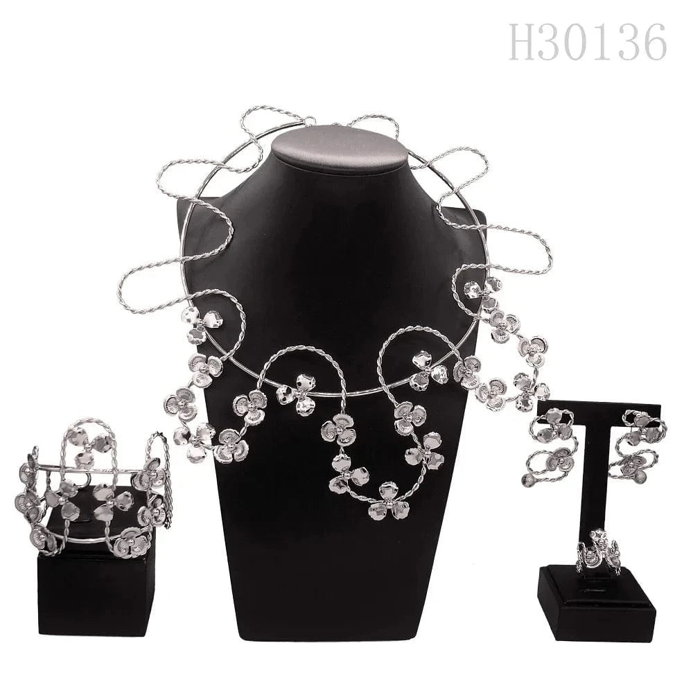Adjustable / Gold New Brazilian Twist Jewelry Set Lightweight Necklace Earrings Ring Jewelry Set Flower Shape Clothing Matching Jewelry