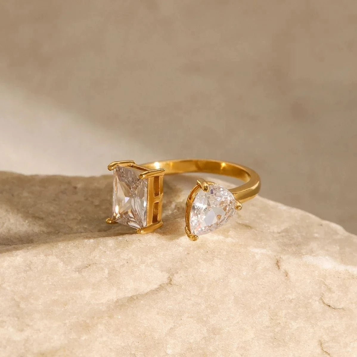 adjustable / minimalist / R2480 R2480 Delicate 18K Gold Plated Stainless Steel Rectangular CZ Open Adjustable Rings