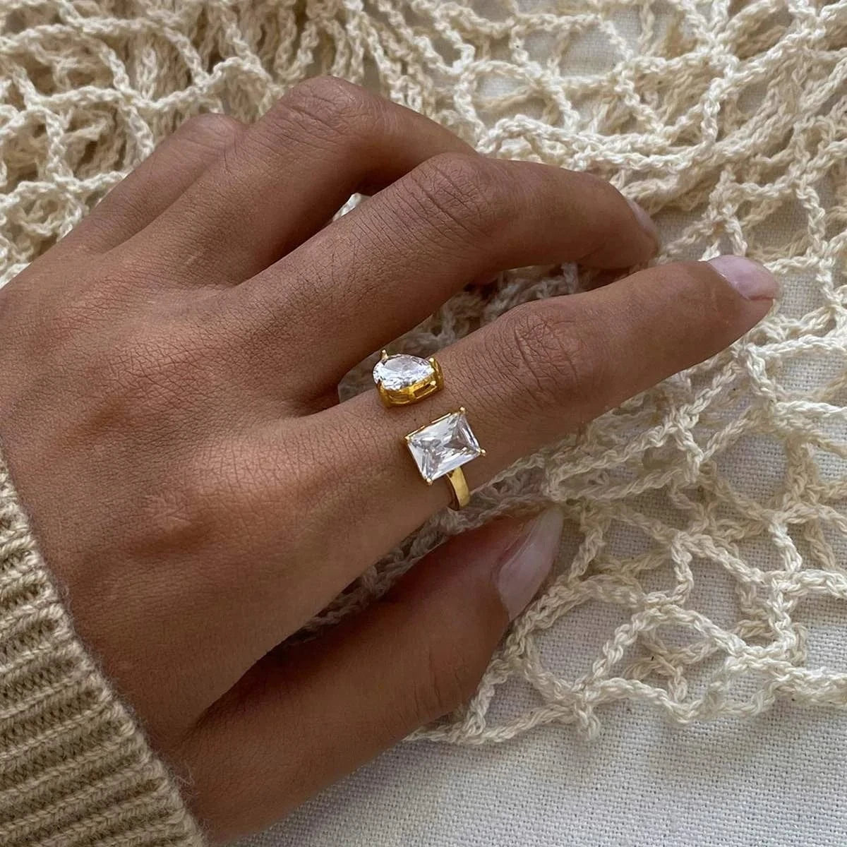 adjustable / minimalist / R2480 R2480 Delicate 18K Gold Plated Stainless Steel Rectangular CZ Open Adjustable Rings