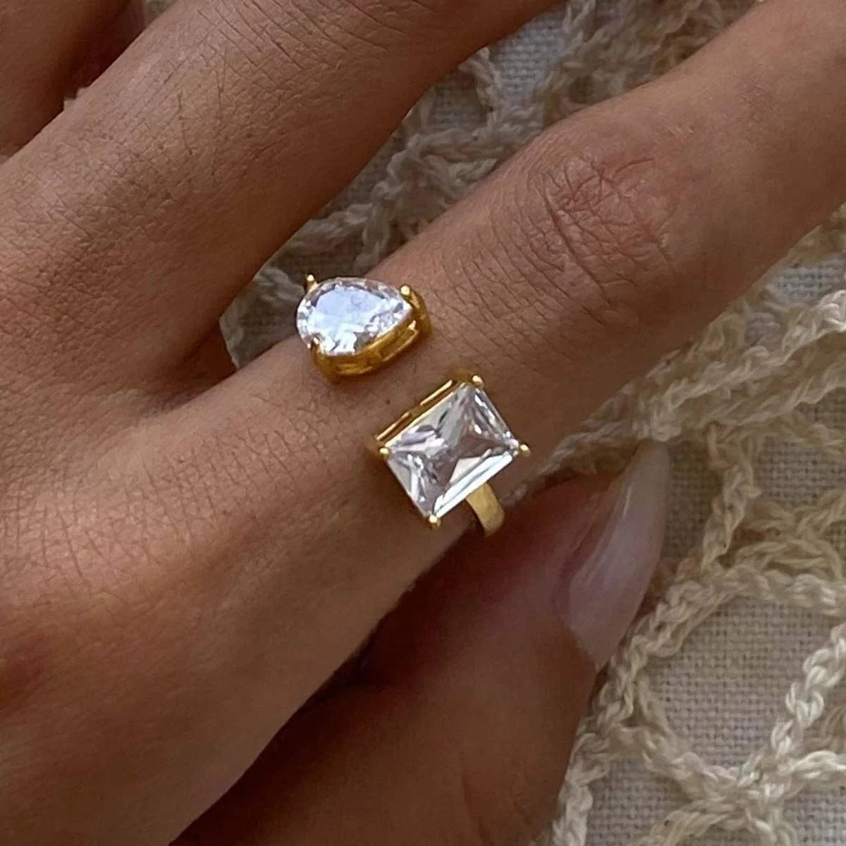 adjustable / minimalist / R2480 R2480 Delicate 18K Gold Plated Stainless Steel Rectangular CZ Open Adjustable Rings