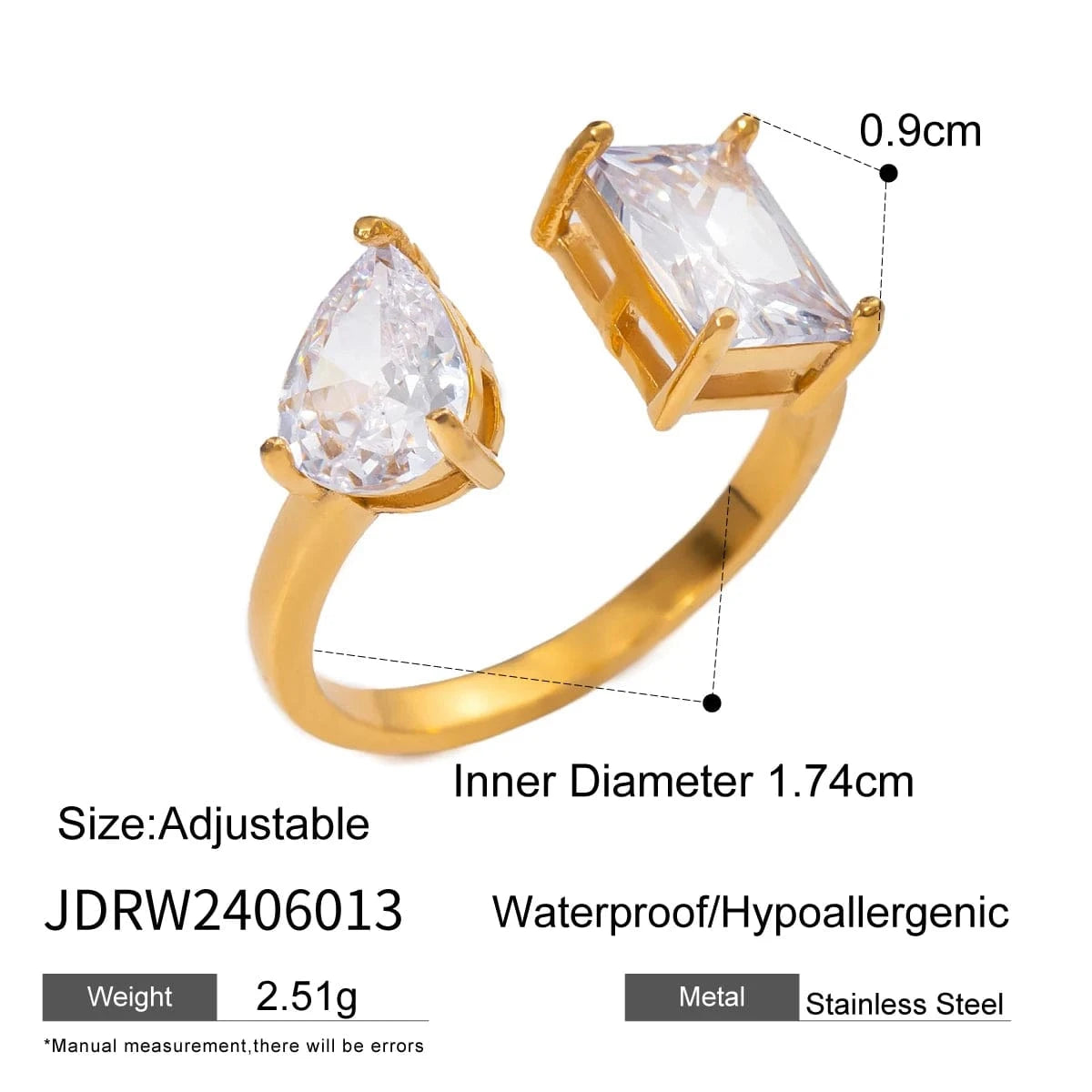 adjustable / minimalist / R2480 R2480 Delicate 18K Gold Plated Stainless Steel Rectangular CZ Open Adjustable Rings