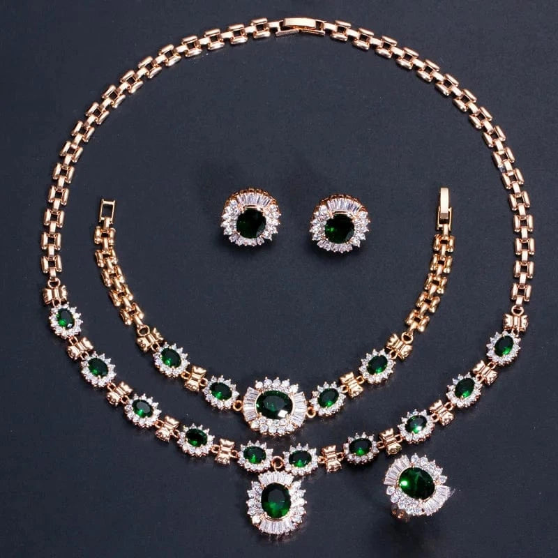 Adjustable Size / Green-T0551-LVVV 4 Piece Luxury Nigerian Yellow Gold Designs Indian Wedding Red Cubic Zirconia Bridal Jewelry Sets For Women Party Accessories