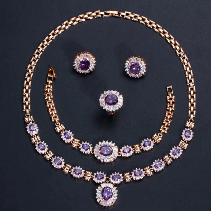Adjustable Size / Purple- T0551-Zi 4 Piece Luxury Nigerian Yellow Gold Designs Indian Wedding Red Cubic Zirconia Bridal Jewelry Sets For Women Party Accessories