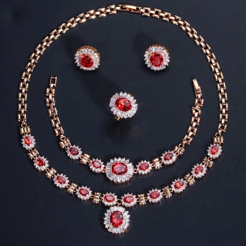 Adjustable Size / Red-T0551-Hong 4 Piece Luxury Nigerian Yellow Gold Designs Indian Wedding Red Cubic Zirconia Bridal Jewelry Sets For Women Party Accessories