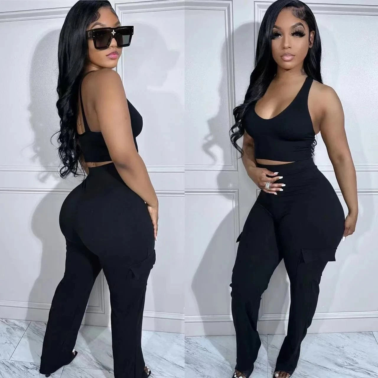 Adult fashion summer women 2 piece crop tops cargo pants jogger set 2024 for women