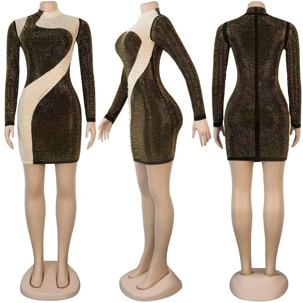 AF001 New Arrival Beaded Dress Long Sleeve Fashion Rhinestone Bodycon Zipper Club Party Autumn Dresses