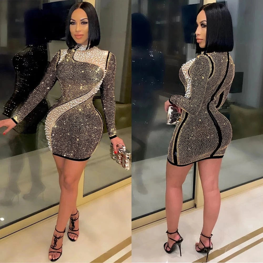 AF001 New Arrival Beaded Dress Long Sleeve Fashion Rhinestone Bodycon Zipper Club Party Autumn Dresses