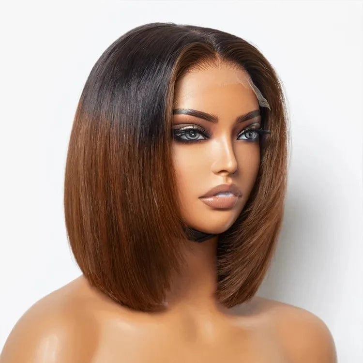 Affordable 5x5 Transparent Lace Closure Wig Human Hair Short Bob Cut Straight Ombre Brown 200% Density for Women