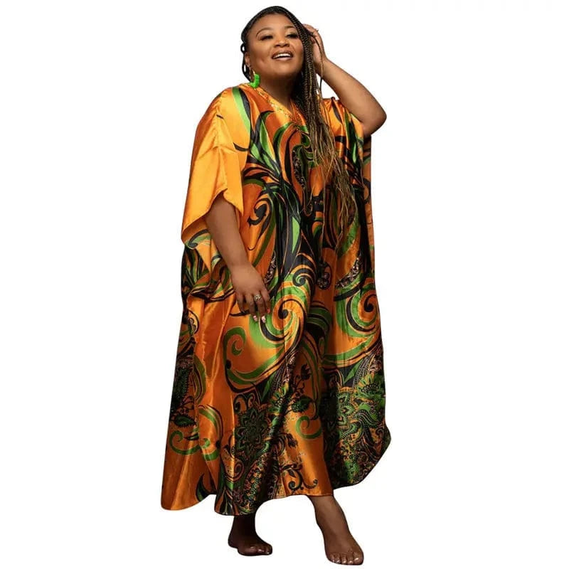 Africa Dresses for Women Summer Loose Turkey Print Dress Faux Silk Satin Maxi Woven Dress Plus Size
