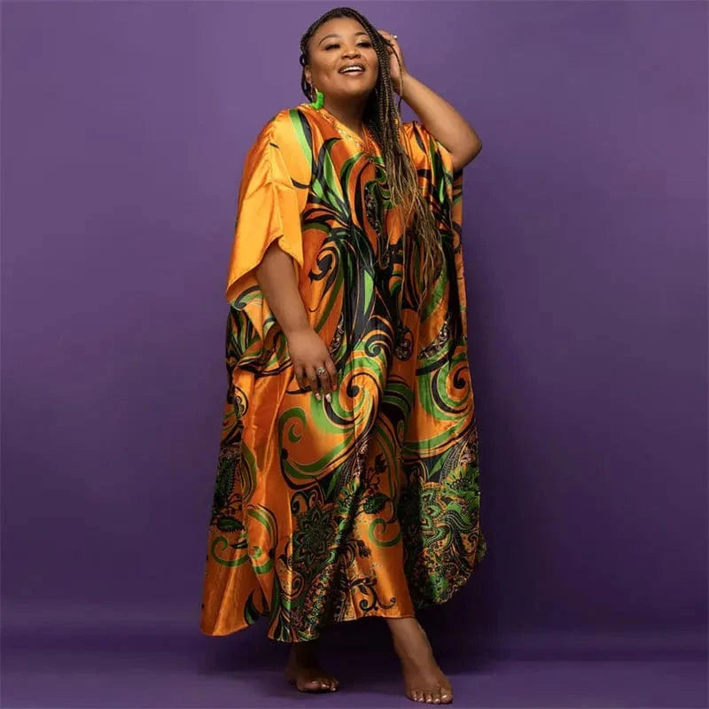 Africa Dresses for Women Summer Loose Turkey Print Dress Faux Silk Satin Maxi Woven Dress Plus Size