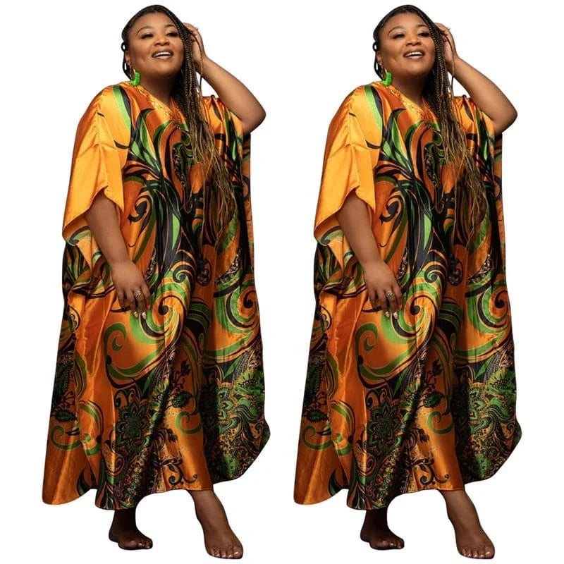 Africa Dresses for Women Summer Loose Turkey Print Dress Faux Silk Satin Maxi Woven Dress Plus Size