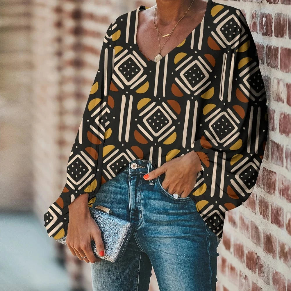Afro Dashiki Adinkra Kente Pattern Long Sleeve V-Neck Chiffon Top