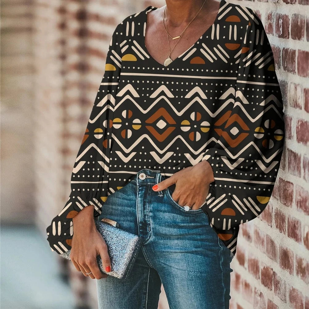 Afro Dashiki Adinkra Kente Pattern Long Sleeve V-Neck Chiffon Top