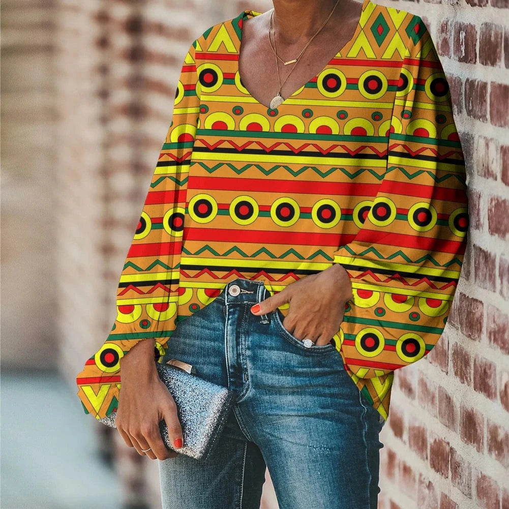 Afro Dashiki Adinkra Kente Pattern Long Sleeve V-Neck Chiffon Top