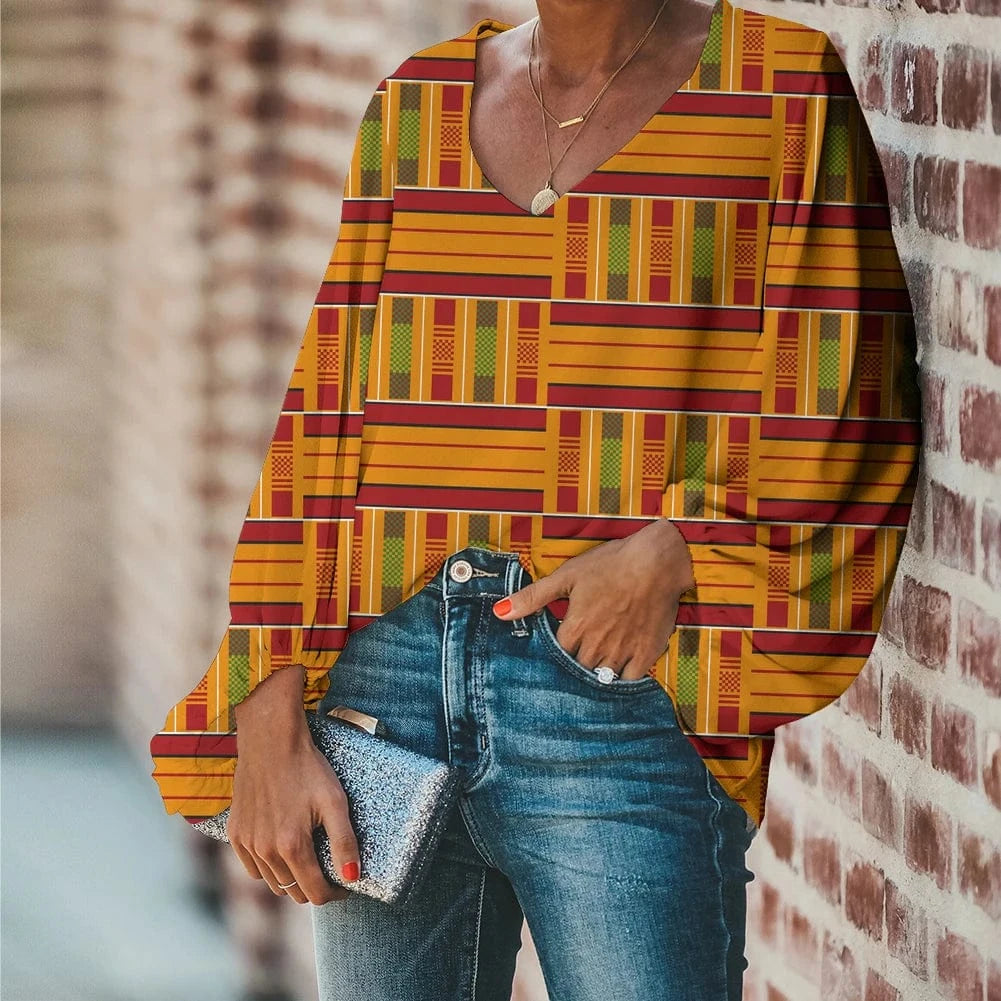 Afro Dashiki Adinkra Kente Pattern Long Sleeve V-Neck Chiffon Top