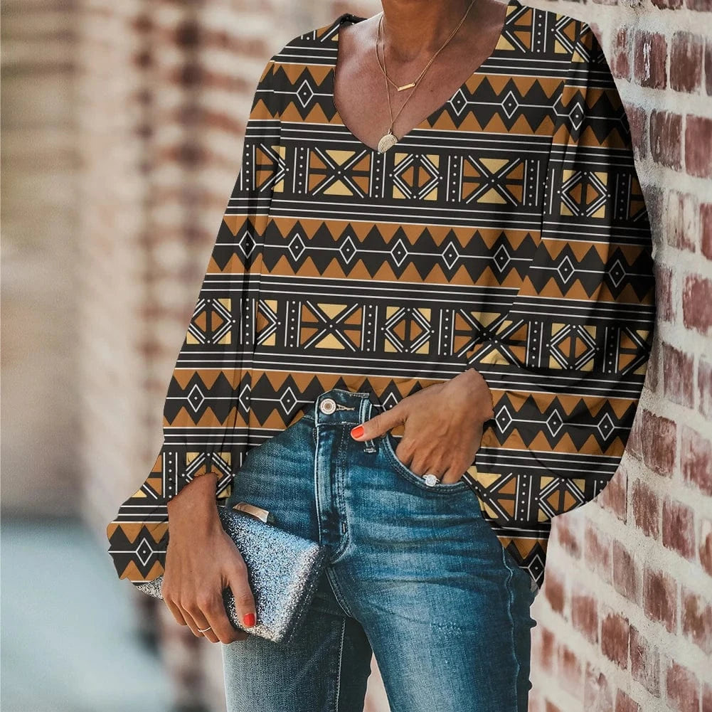Afro Dashiki Adinkra Kente Pattern Long Sleeve V-Neck Chiffon Top
