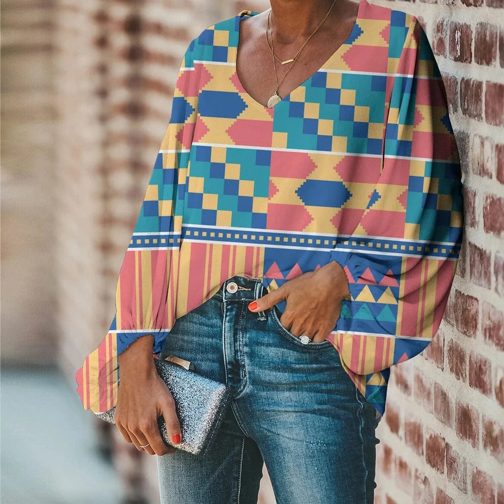 Afro Dashiki Adinkra Kente Pattern Long Sleeve V-Neck Chiffon Top
