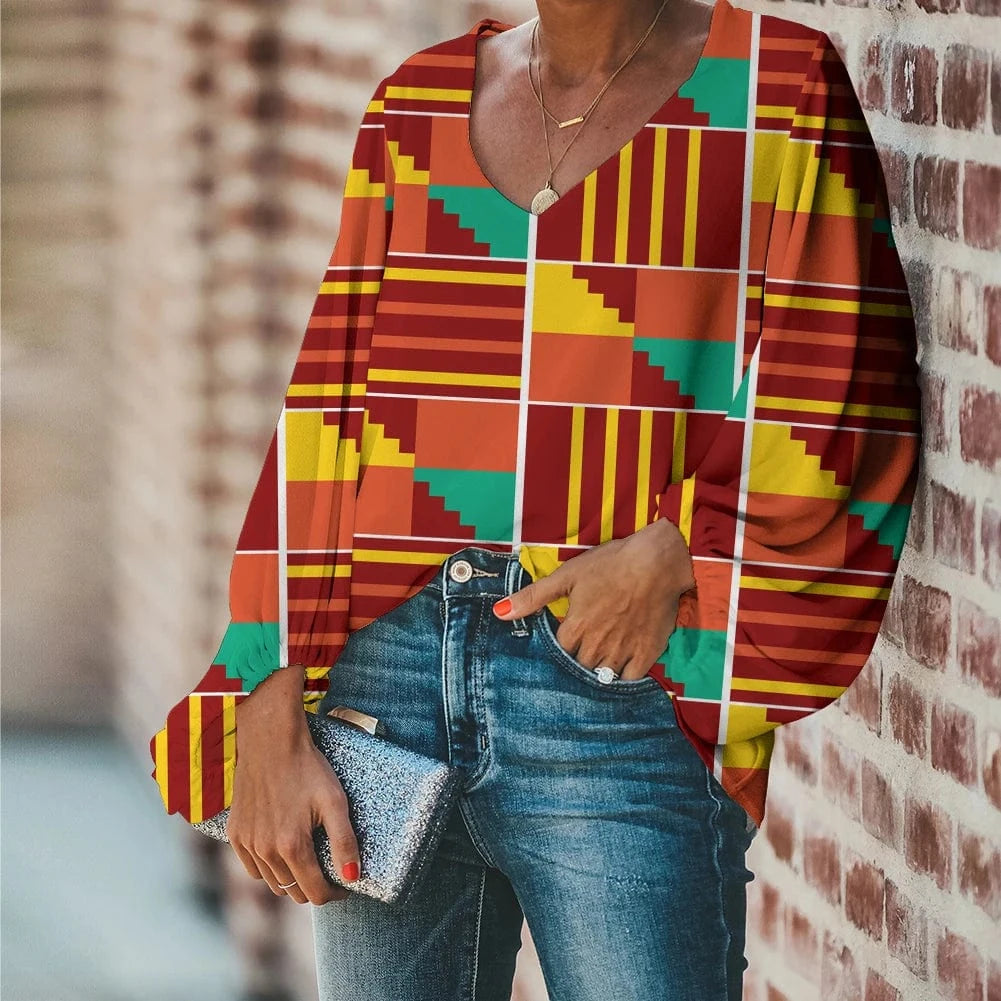Afro Dashiki Adinkra Kente Pattern Long Sleeve V-Neck Chiffon Top