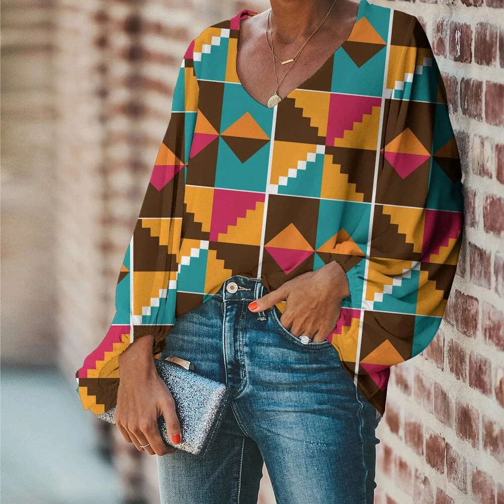 Afro Dashiki Adinkra Kente Pattern Long Sleeve V-Neck Chiffon Top