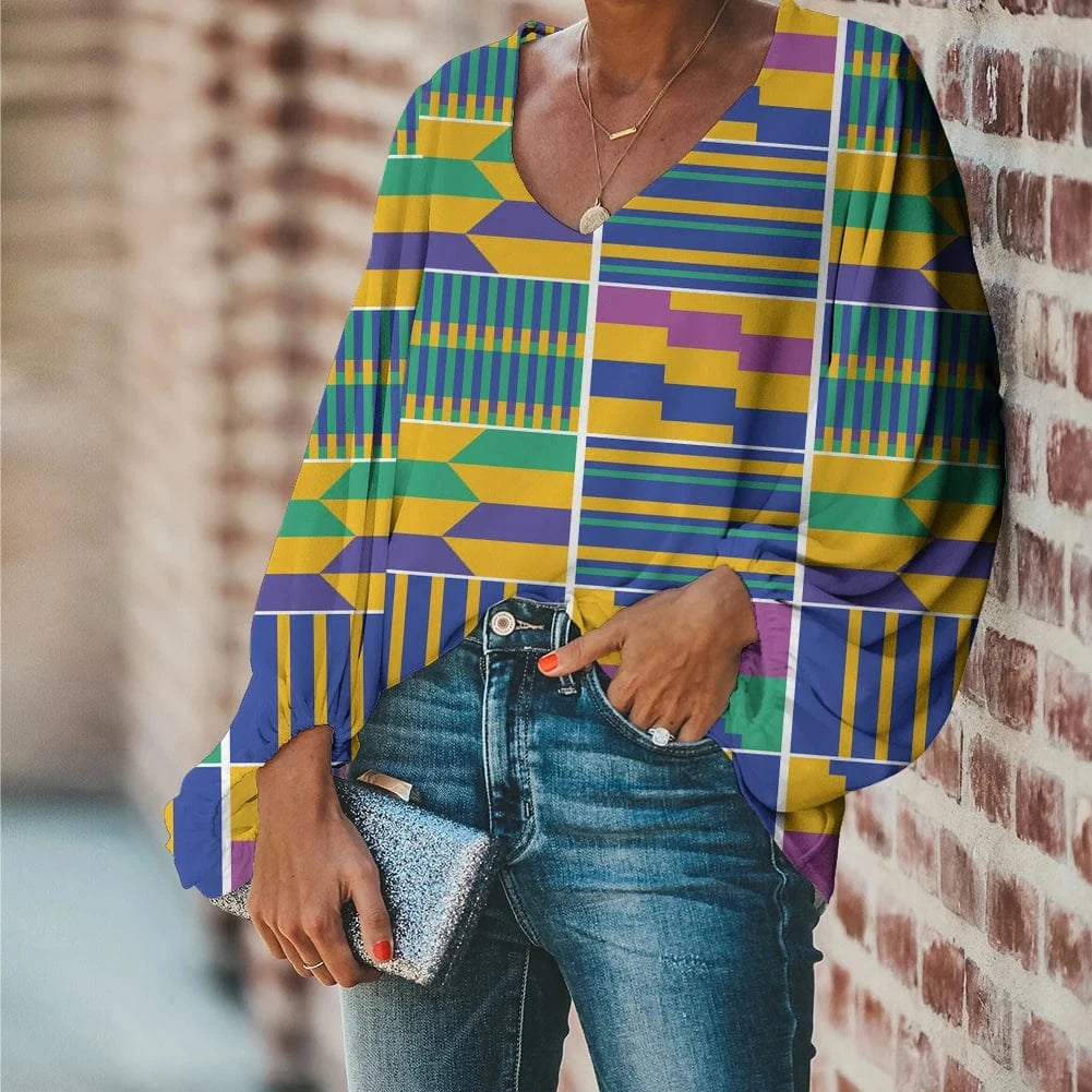 Afro Dashiki Adinkra Kente Pattern Long Sleeve V-Neck Chiffon Top