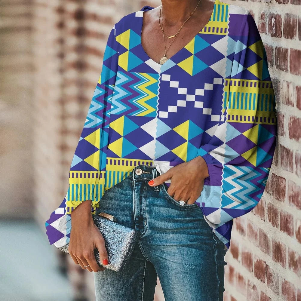 Afro Dashiki Adinkra Kente Pattern Long Sleeve V-Neck Chiffon Top