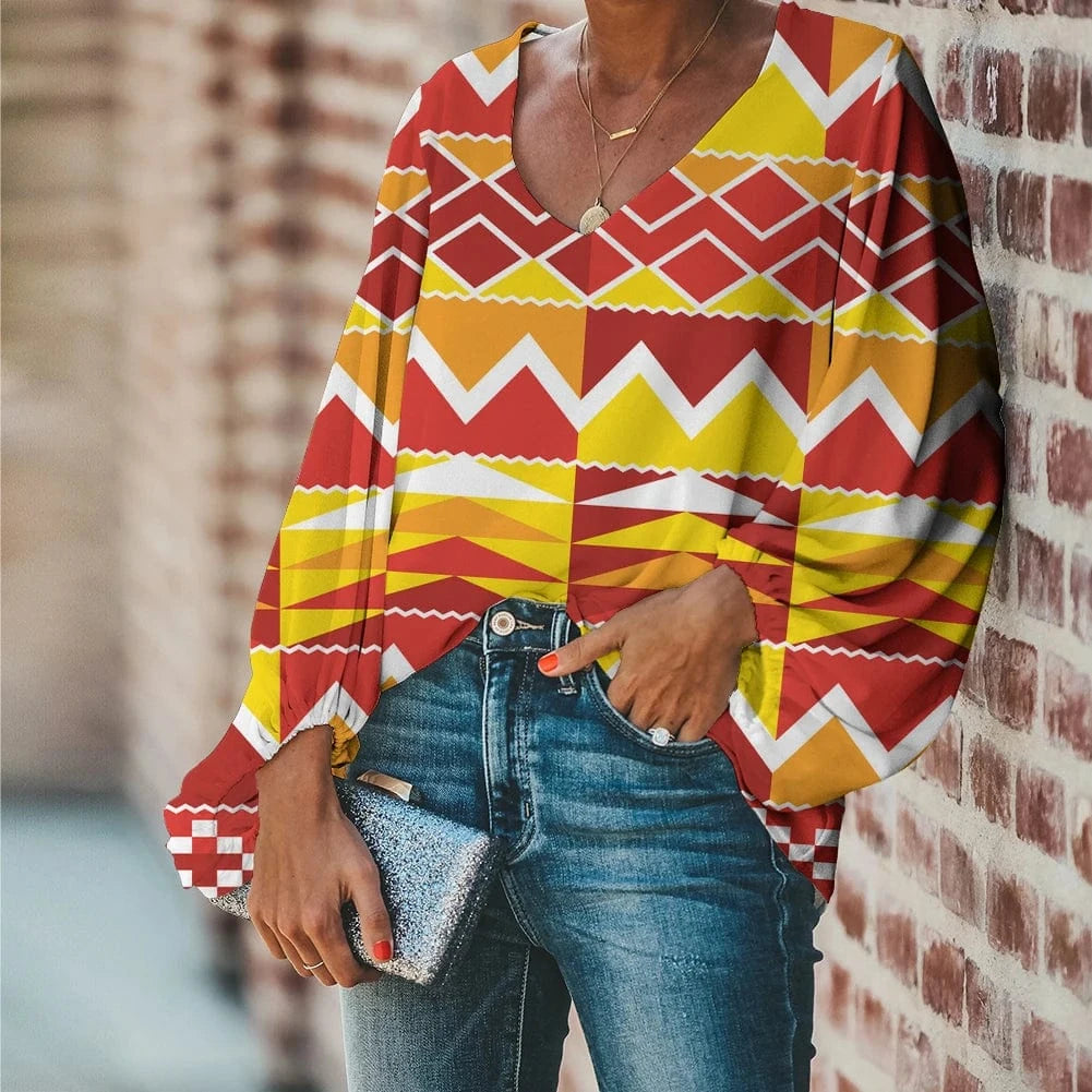 Afro Dashiki Adinkra Kente Pattern Long Sleeve V-Neck Chiffon Top