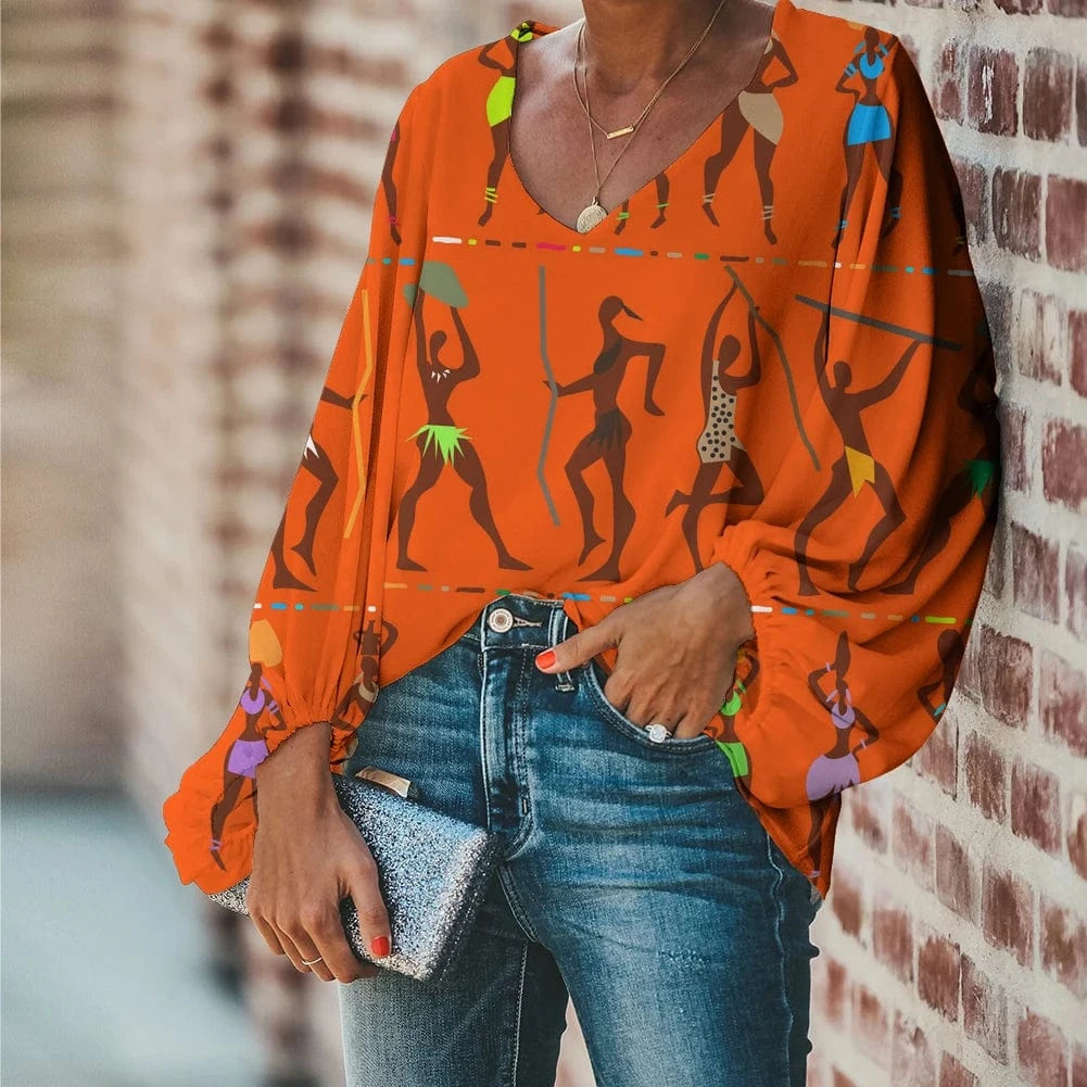 Afro Dashiki Adinkra Kente Pattern Long Sleeve V-Neck Chiffon Top