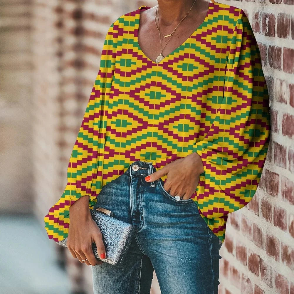 Afro Dashiki Adinkra Kente Pattern Long Sleeve V-Neck Chiffon Top