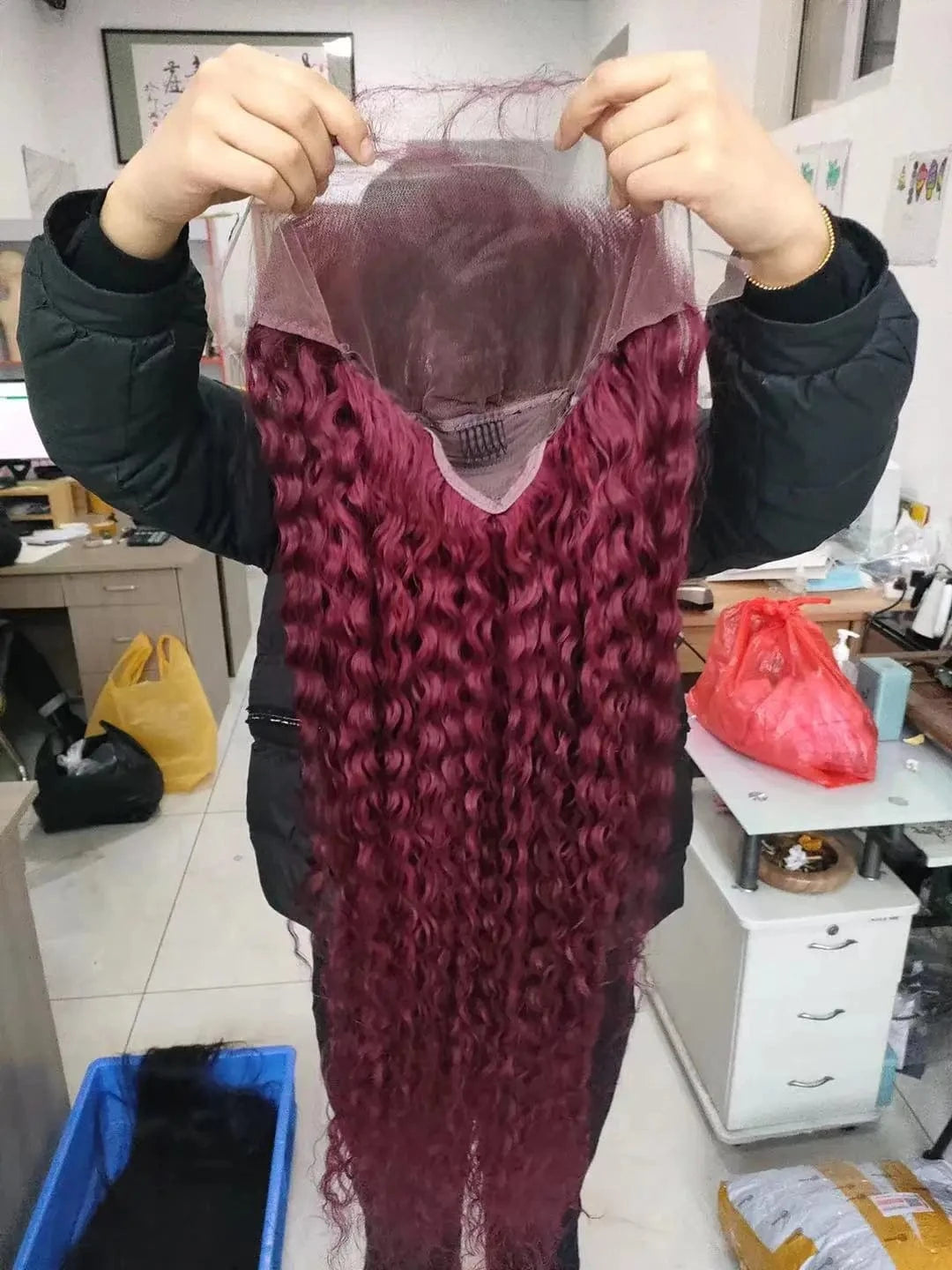 Amara good quality human hair 99j burgundy red color human hair lace front wig dark burgundy deep curly wig