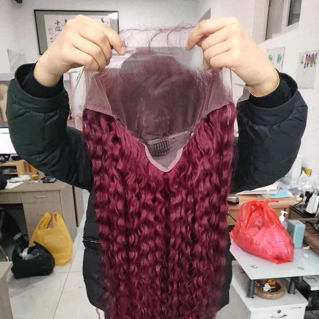 Amara good quality human hair 99j burgundy red color human hair lace front wig dark burgundy deep curly wig