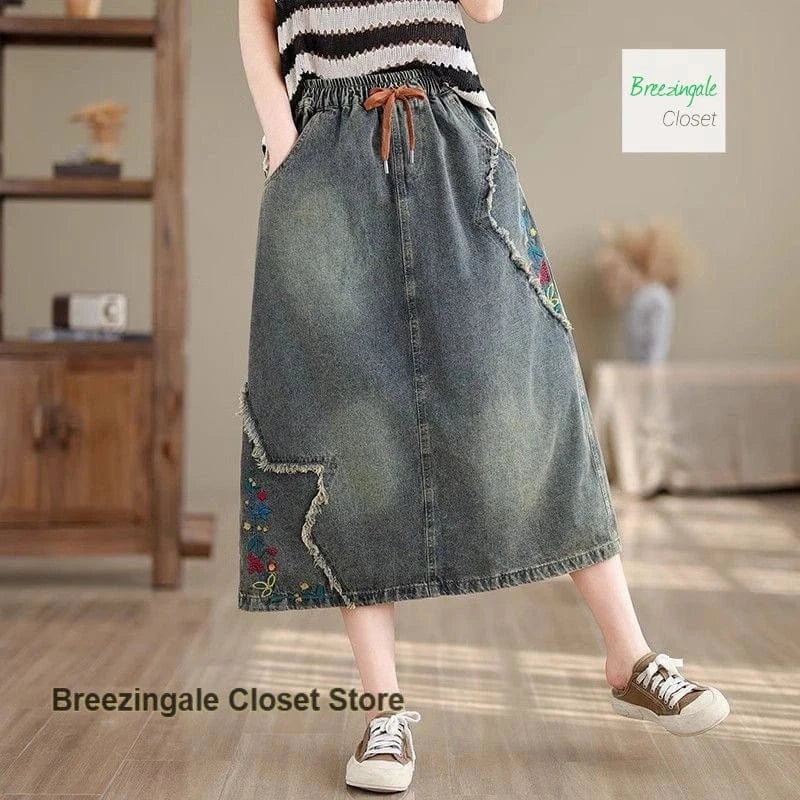 American Embroidered National Style Loose Denim Skirt Women's Spring and Summer New Fashion Temperament with Wild Skirt.