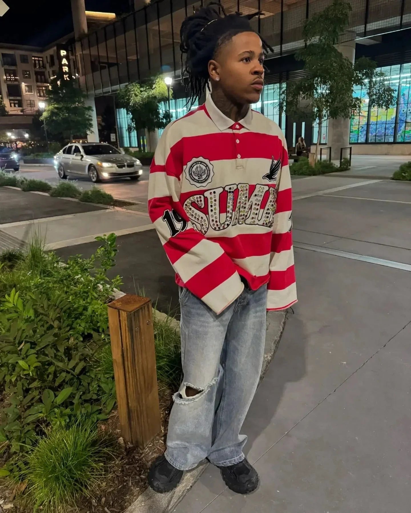 American Harajuku Fashion Hip-hop Striped Pretty Girl Shirt Letter Printed Polo Shirt Y2k Retro Men's Long Sleeved T-shirt