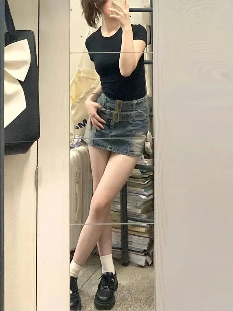 American retro washed and ground white double belt design denim skirt women loose anti-exposure belt lined hip skirt pants