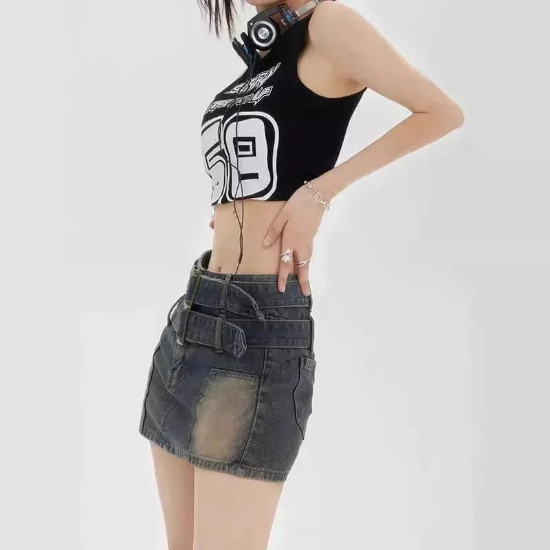 American retro washed and ground white double belt design denim skirt women loose anti-exposure belt lined hip skirt pants