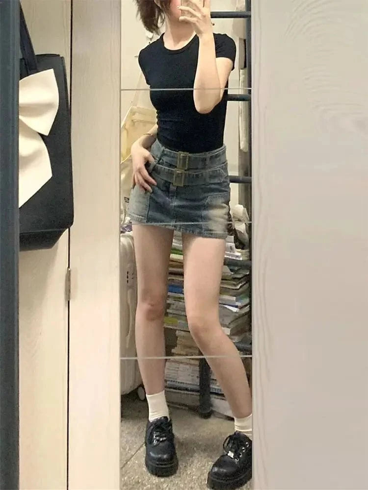 American retro washed and ground white double belt design denim skirt women loose anti-exposure belt lined hip skirt pants