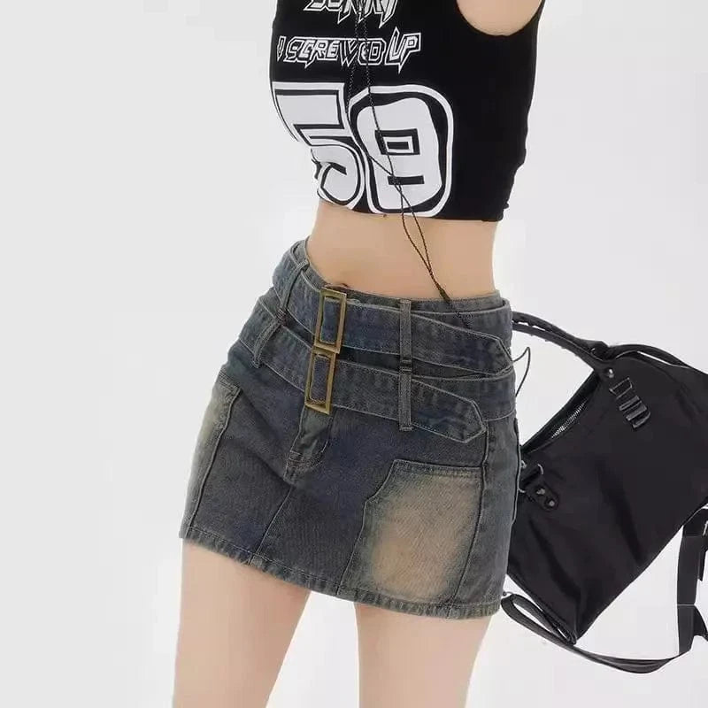 American retro washed and ground white double belt design denim skirt women loose anti-exposure belt lined hip skirt pants