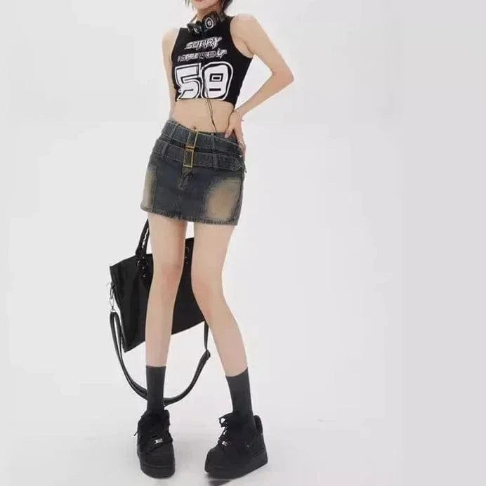 American retro washed and ground white double belt design denim skirt women loose anti-exposure belt lined hip skirt pants