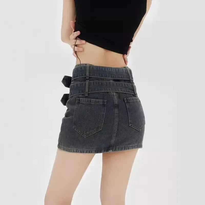 American retro washed and ground white double belt design denim skirt women loose anti-exposure belt lined hip skirt pants