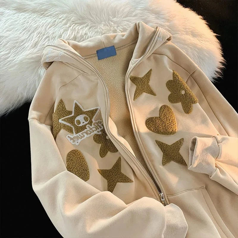 American Vintage Embroidery Zip up Hoodie High Quality Jacket Women Oversized Star Print Sweatshirt Goth Harajuku Y2k Streetwear